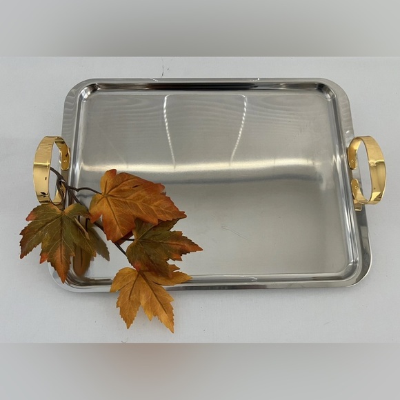 Silver Metal with Gold Handled Tray 17”W x 11-1/2” x  2”H - Picture 1 of 7